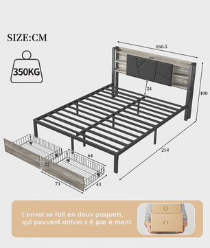 Gestoffeerd Dubbel Bedframe met 2 Lades en LED Verlichting - 140/160/180x200cm