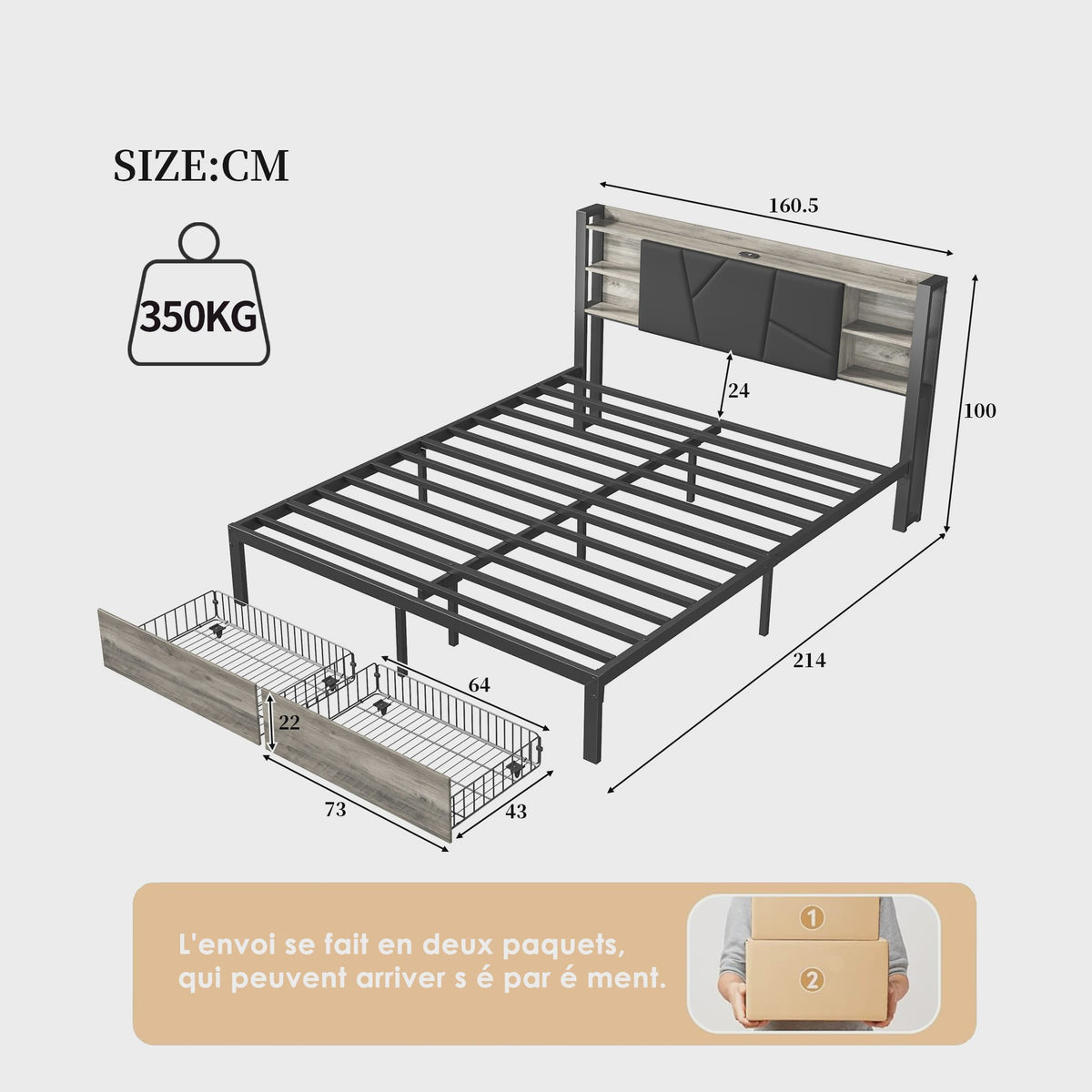 Gestoffeerd Dubbel Bedframe met 2 Lades en LED Verlichting - 140/160/180x200cm