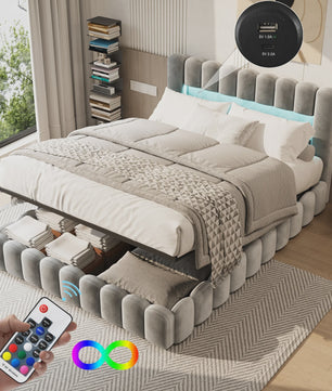 Luxe Gestoffeerd Bed 180x200cm met LED-verlichting, USB & Hydraulische Opbergruimte