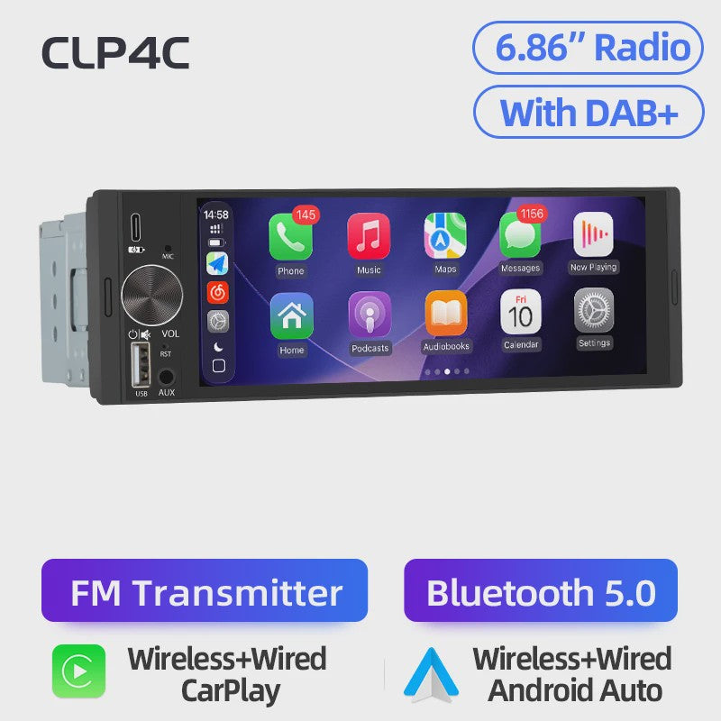 Universele 1-DIN Autoradio met 6.86" IPS Touchscreen, Draadloze CarPlay & Android Auto