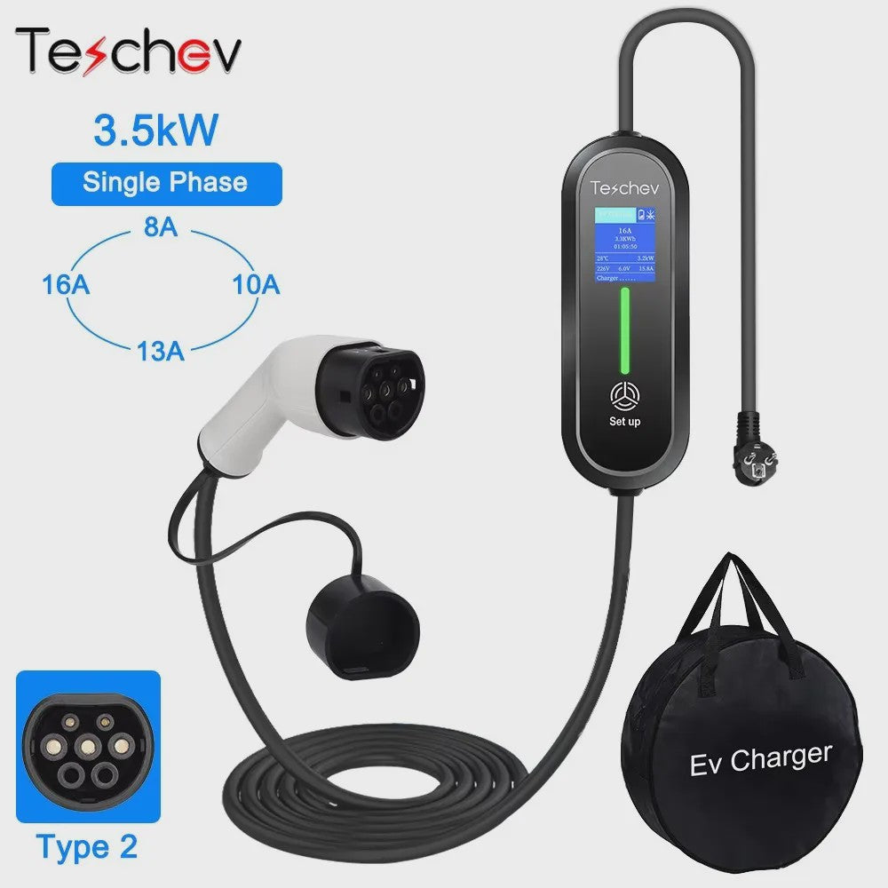 Teschev 3.5KW Draagbare EV Oplader - Type 2 & Type 1, 16A, IP65 Waterdicht
