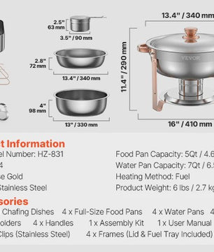 Set van 4 RVS Bain Maries (Chafing Dishes) - 5 Qt Capaciteit - Buffet Warmer