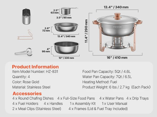 Set van 4 RVS Bain Maries (Chafing Dishes) - 5 Qt Capaciteit - Buffet Warmer