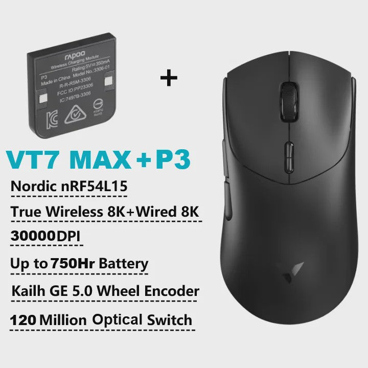 Rapoo VT7 MAX Draadloze Gaming Muis: 8K Polling Rate, Ultralicht & 750u Batterij