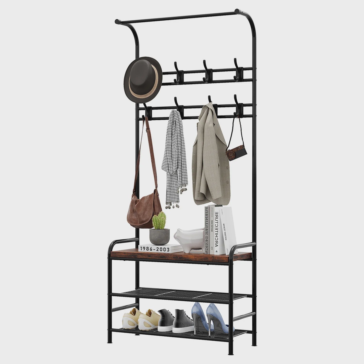 Industriële Kapstok met Schoenenbank - 180cm Entree Meubel met 8 Haken en 3-Laags Schoenenrek
