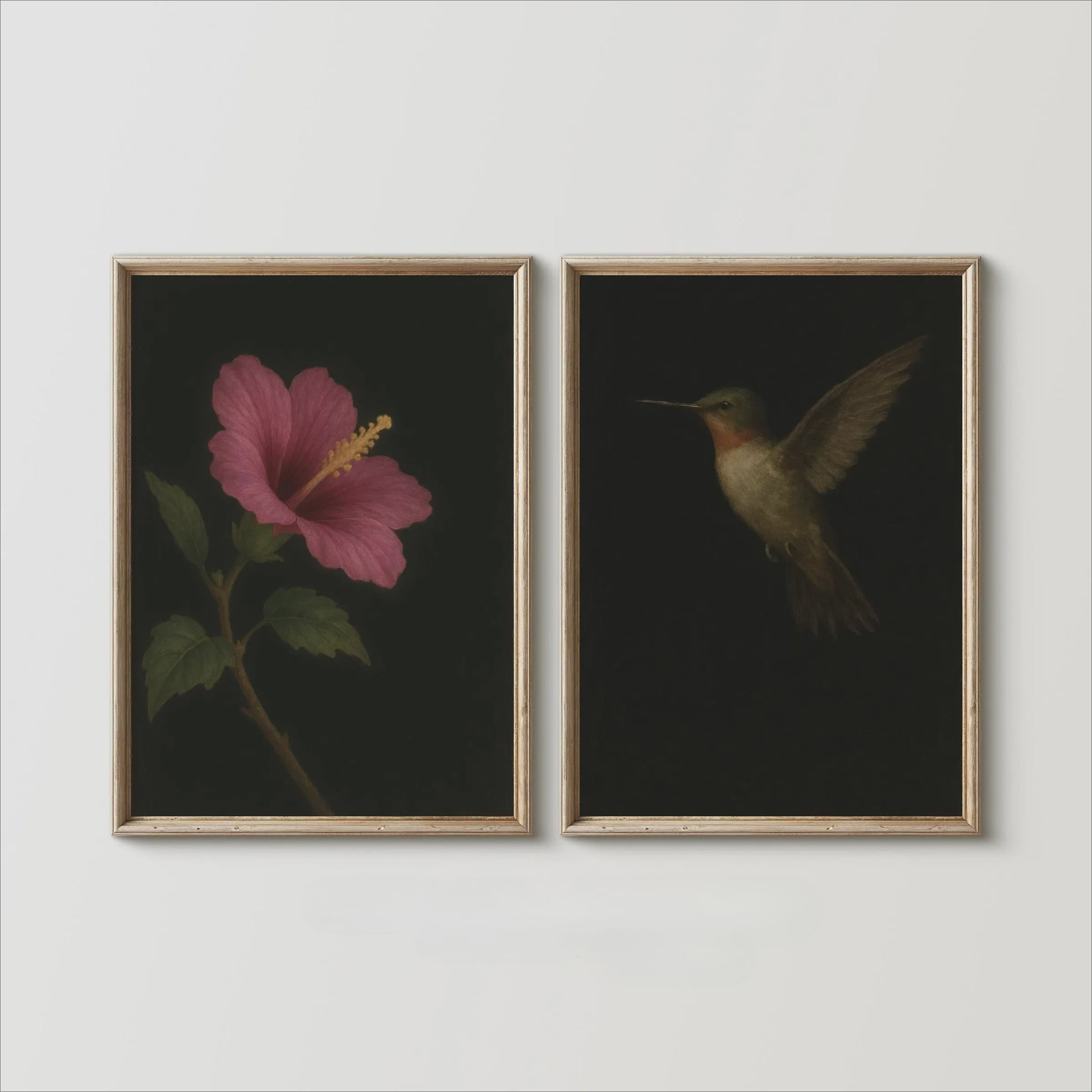 Set van 2 Frameloze Retro Kolibrie Canvas Posters - Landelijke Stijl Wanddecoratie