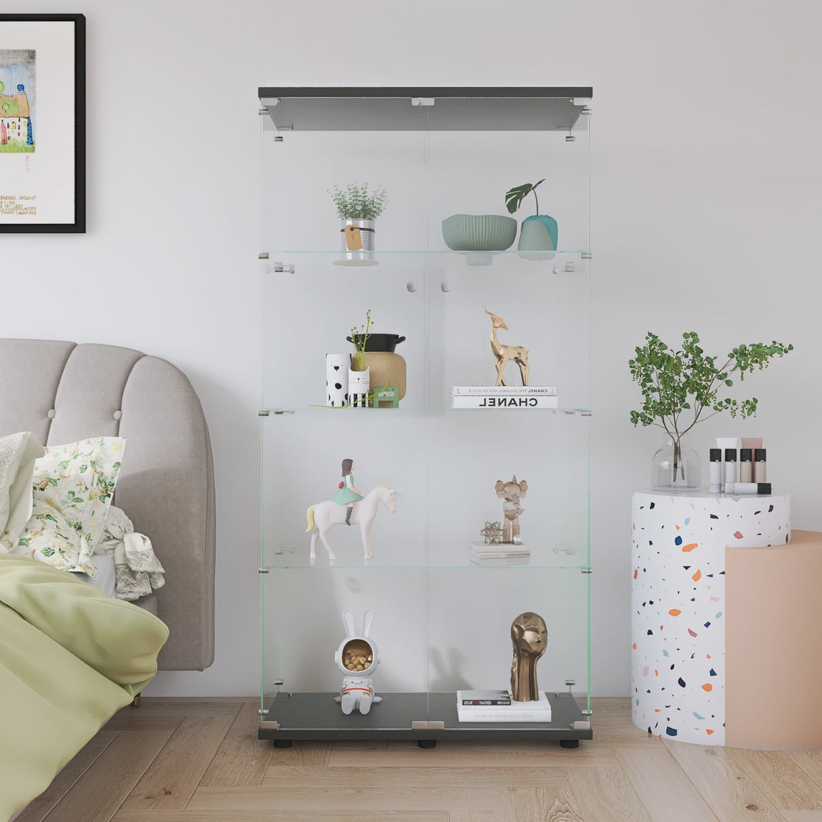 Moderne Glazen Vitrinekast met LED Verlichting, 4 Legborden en 2 Deuren