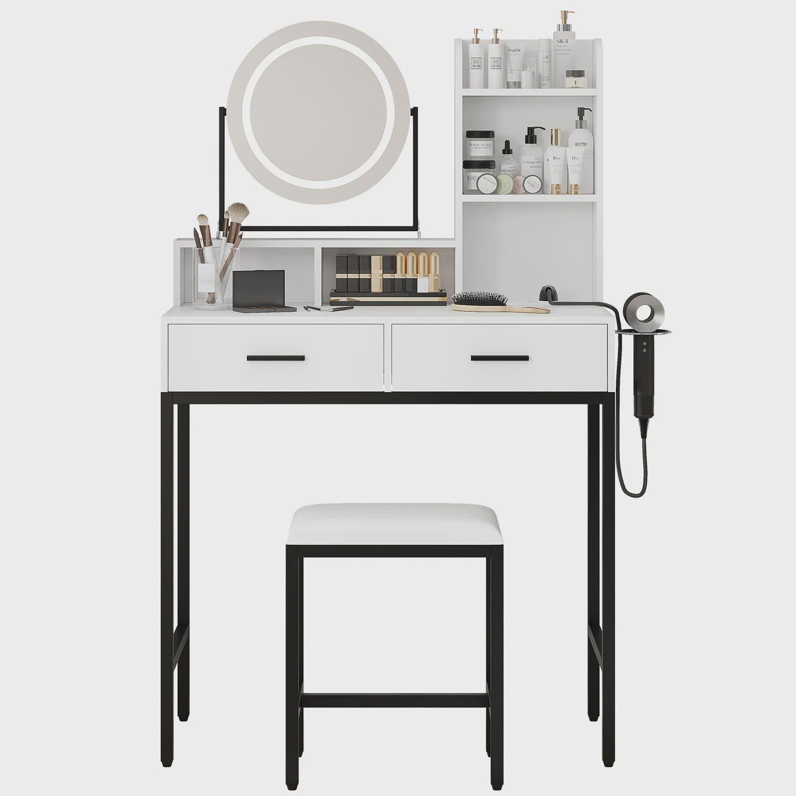 Make-up Tafel met Verlichte Spiegel, 3 Lichtstanden & Föhn-houder