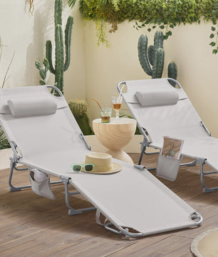 Set van 2 Loungestoelen - Opvouwbaar, Comfortabel met Kussen en Zijvak - Tuin & Terras