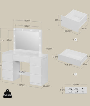 Witte Kaptafel met Spiegel, LED Verlichting en 7 Lades - Inclusief Oplaadpunt
