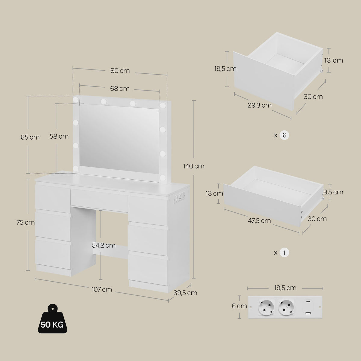 Witte Kaptafel met Spiegel, LED Verlichting en 7 Lades - Inclusief Oplaadpunt