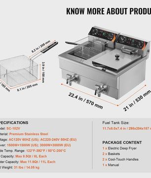 Dubbele Professionele Elektrische Frituurpan 12L - 3000W RVS - Ideaal voor Friet & Kip