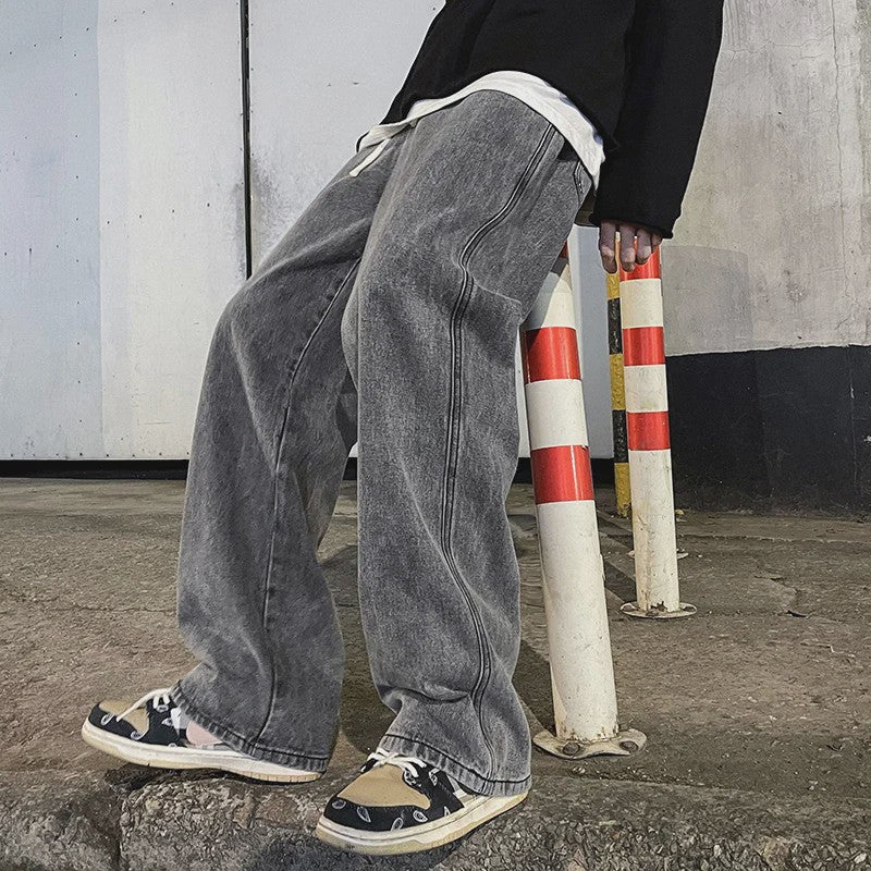 Streetwear Jeans Heren: Loose Fit, Wide Leg, Koreaanse Stijl - Zwart & Lichtblauw