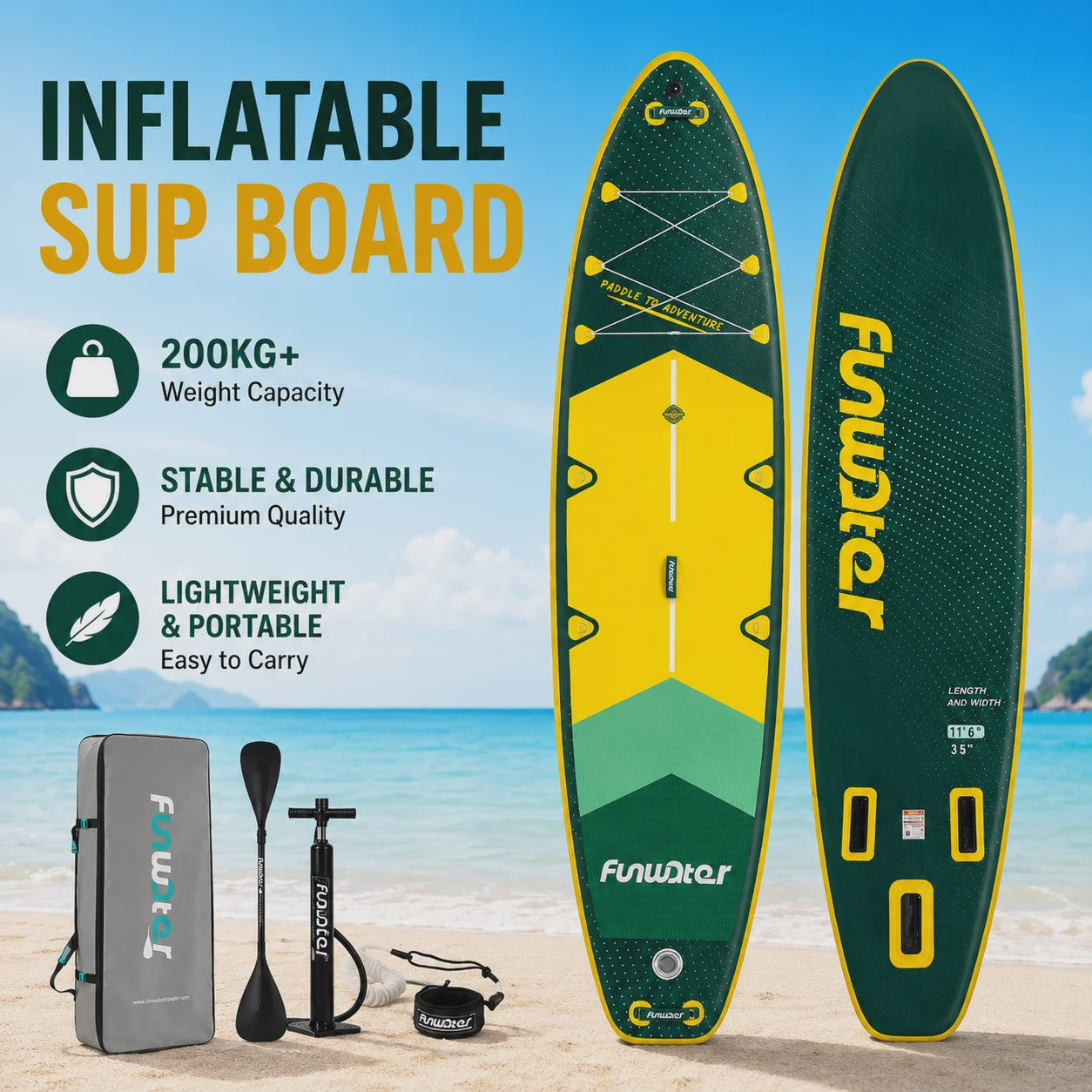 Opblaasbaar Stand Up Paddle Board Funwater 350cm - 200kg Capaciteit - Complete Set