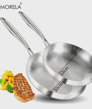 Set van 3 RVS Koekenpannen & Wokpannen (22-28 cm) - 5-laags Staal, 2mm Dik