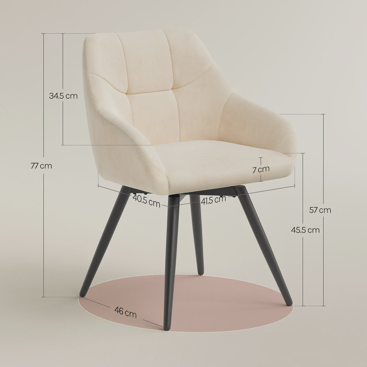 Draaibare eetkamerstoelen van fluweel met armleuningen en metalen poten (set van 2)
