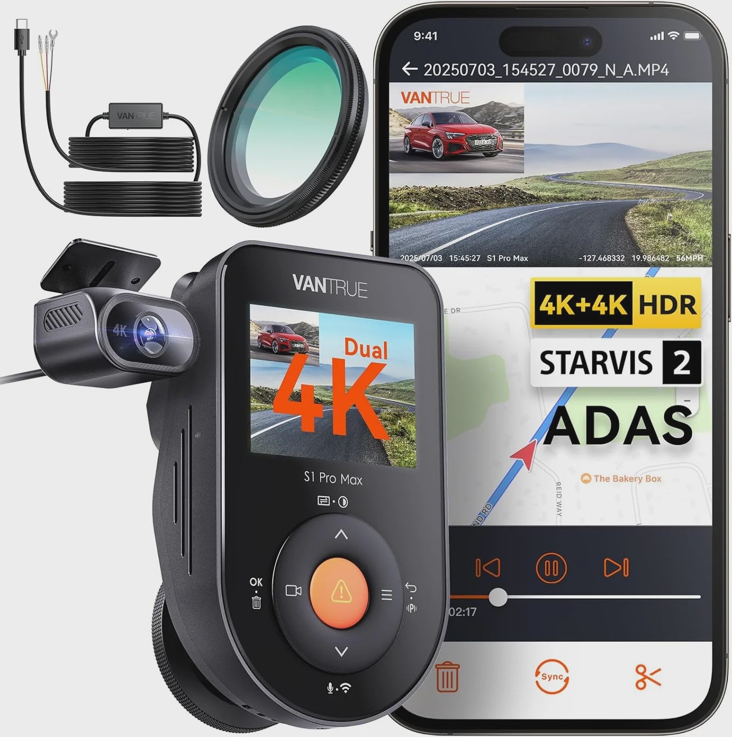 Vantrue S1 Pro Max Dual 4K Dashcam met ADAS, BSD, IP67 Waterdichte Camera en Spraakbesturing