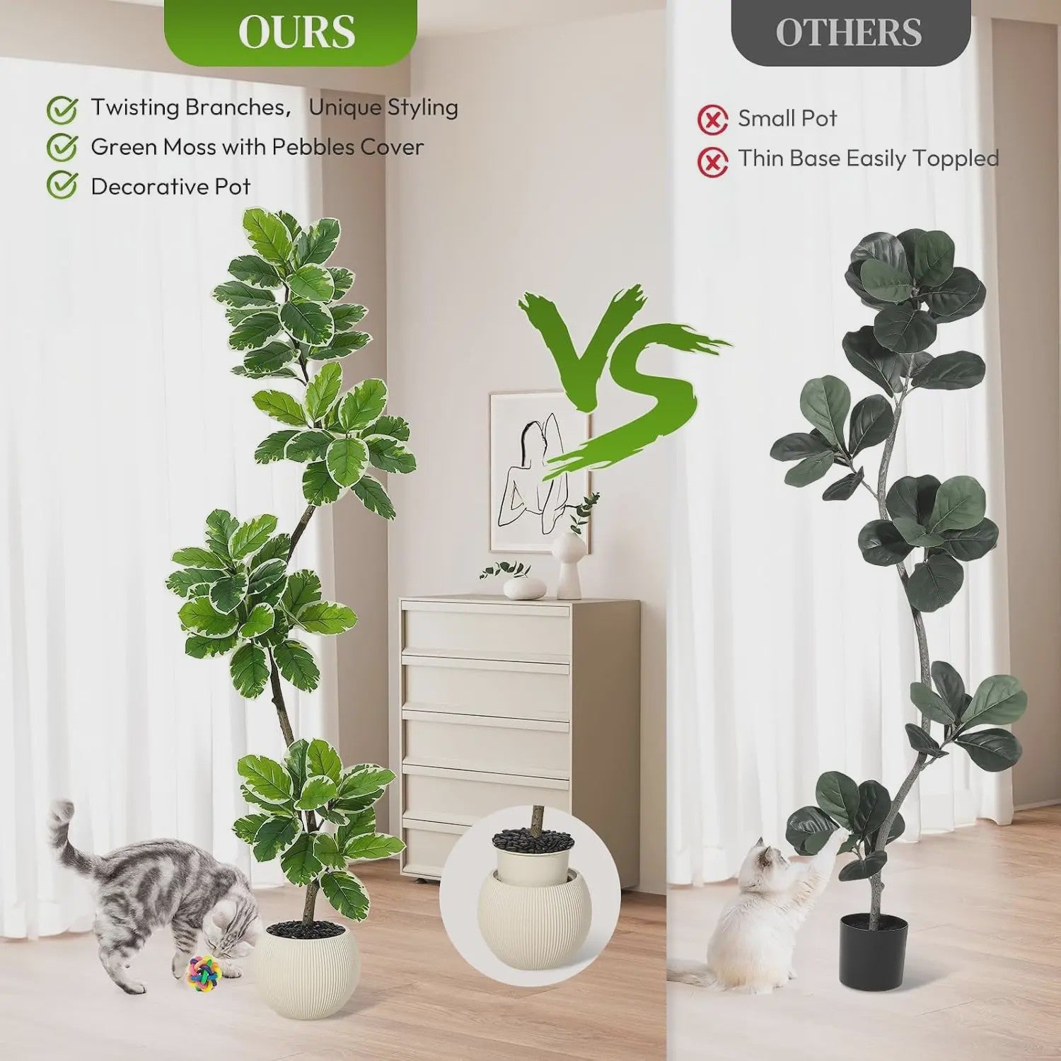Realistische Kunstplant Ficus Lyrata (Fiddle Leaf Fig) - 180cm - Met Pot en Mos