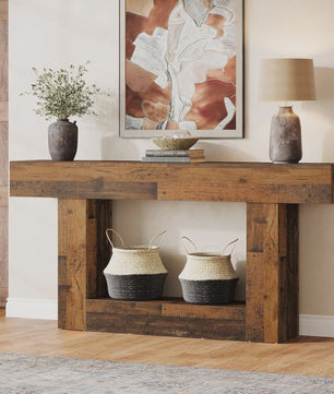 Lange Console Tafel 63 Inch - Farmhouse Entree Tafel met U-Vormige Basis en Onderste Plank