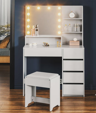 Kaptafel met Verlichting, Spiegel, Kruk en Veel Opbergruimte - Wit