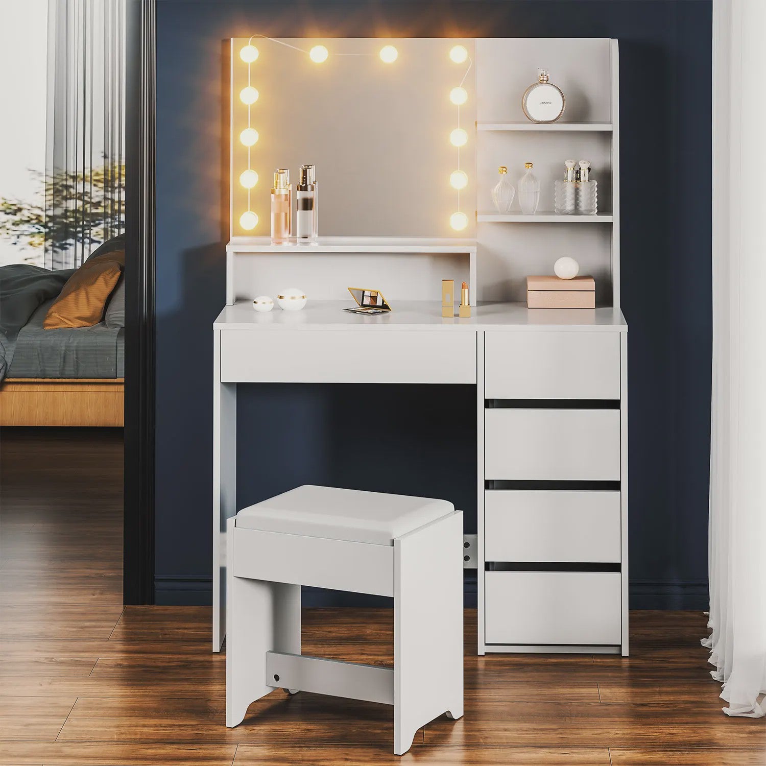 Kaptafel met Verlichting, Spiegel, Kruk en Veel Opbergruimte - Wit