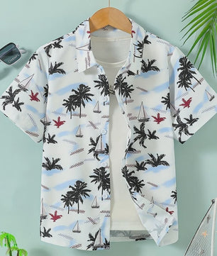 Kinder Hawaii Blouse Korte Mouw met Palmbomen Print - Perfect voor Vakantie en Buitenplezier