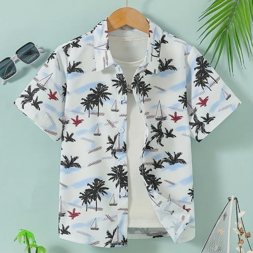 Kinder Hawaii Blouse Korte Mouw met Palmbomen Print - Perfect voor Vakantie en Buitenplezier