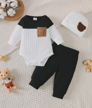 Baby Jongen Set: Longsleeve Bodysuit, Broekje & Muts - Kleurblok Design (0-18 Maanden)