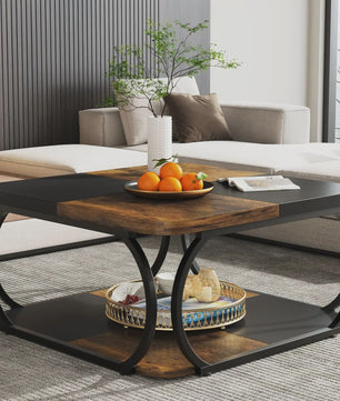 Industriële Salontafel met 2 Niveaus - 100 cm Vierkant - Metaal & Hout-look