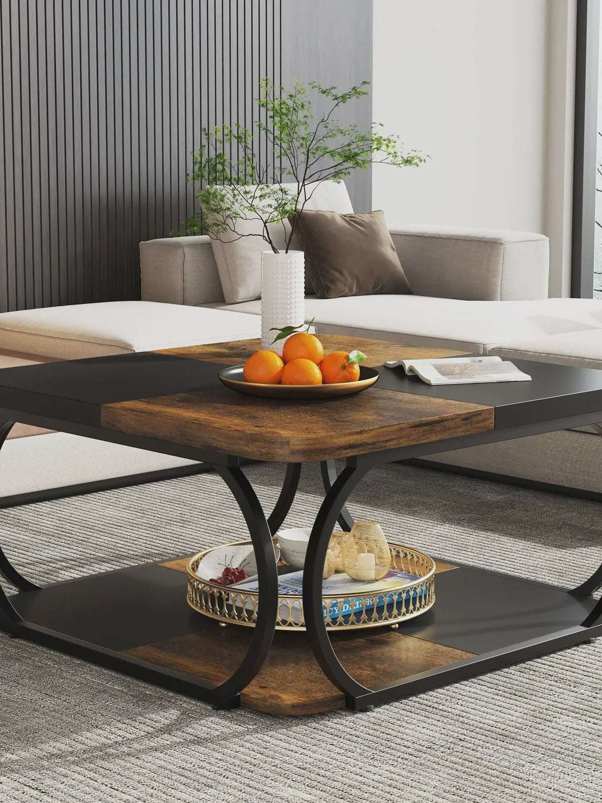 Industriële Salontafel met 2 Niveaus - 100 cm Vierkant - Metaal & Hout-look