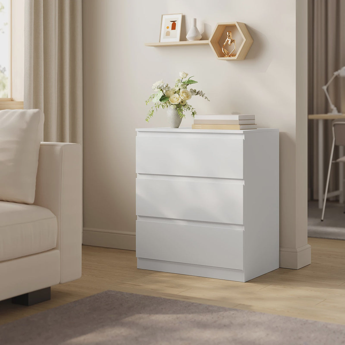 Moderne Witte Ladekast met 4 Lades - Stijlvolle Sideboard voor Woonkamer & Slaapkamer - 60x90x40cm