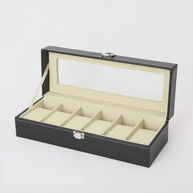 Luxe PU Leder Horlogedoos met Glazen Deksel - 6 Vakken