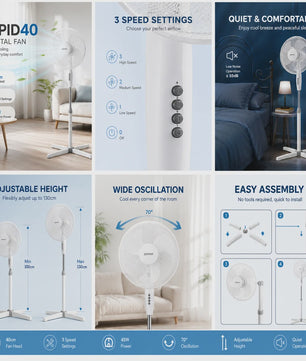 Zephir 40cm Staande Ventilator - 45W, 3 Snelheden, Verstelbare Hoogte tot 130cm, Oscillerend