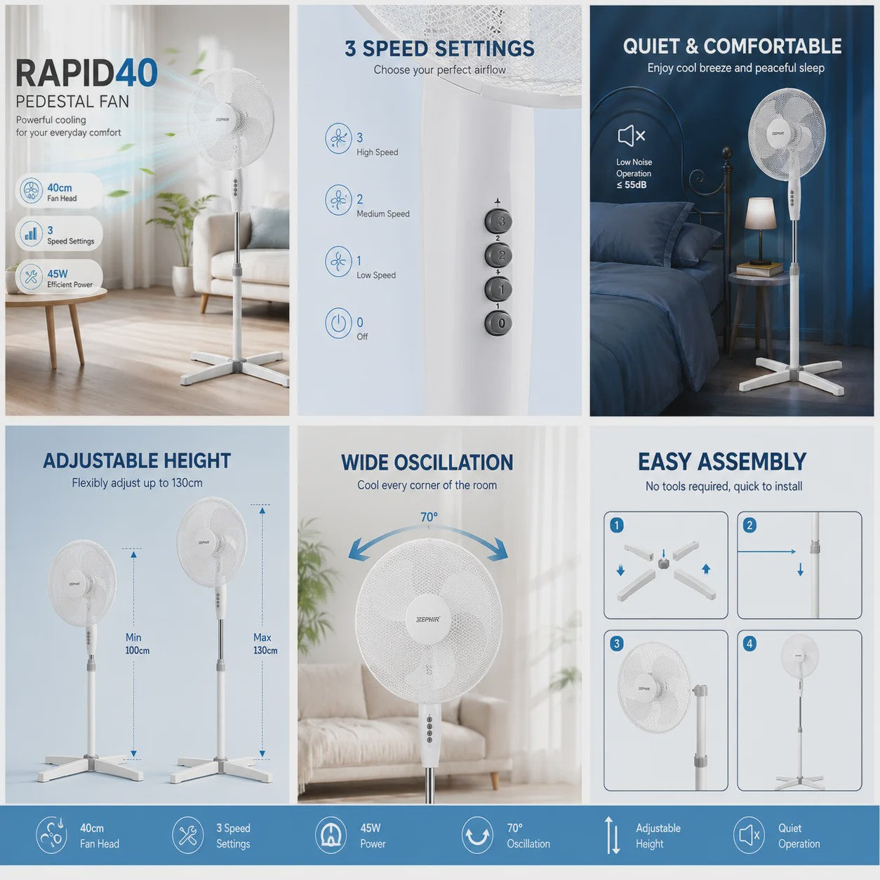 Zephir 40cm Staande Ventilator - 45W, 3 Snelheden, Verstelbare Hoogte tot 130cm, Oscillerend