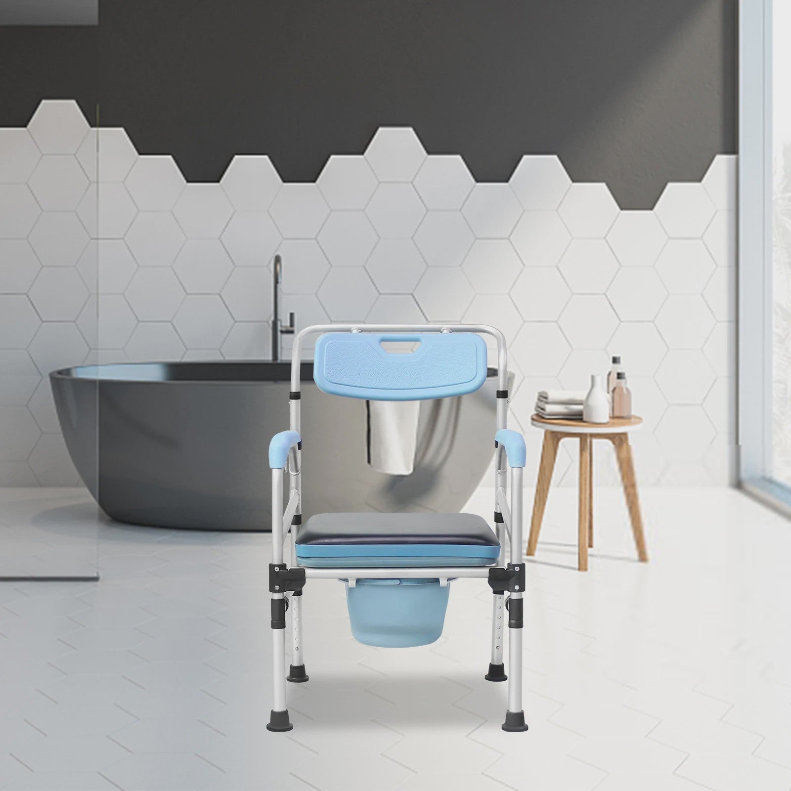 In hoogte verstelbare Douche-Toiletstoel met Rugleuning & Antislip - Inclusief Emmer voor Ouderen & Mindervaliden