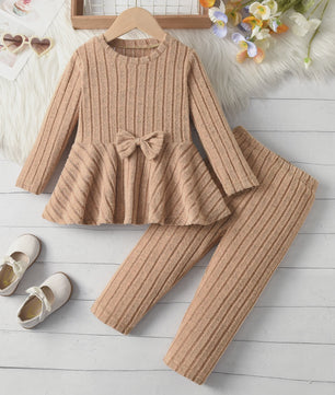 Schattig Kinder Meisjes Set: Lange Mouw Top met Strik en Broek