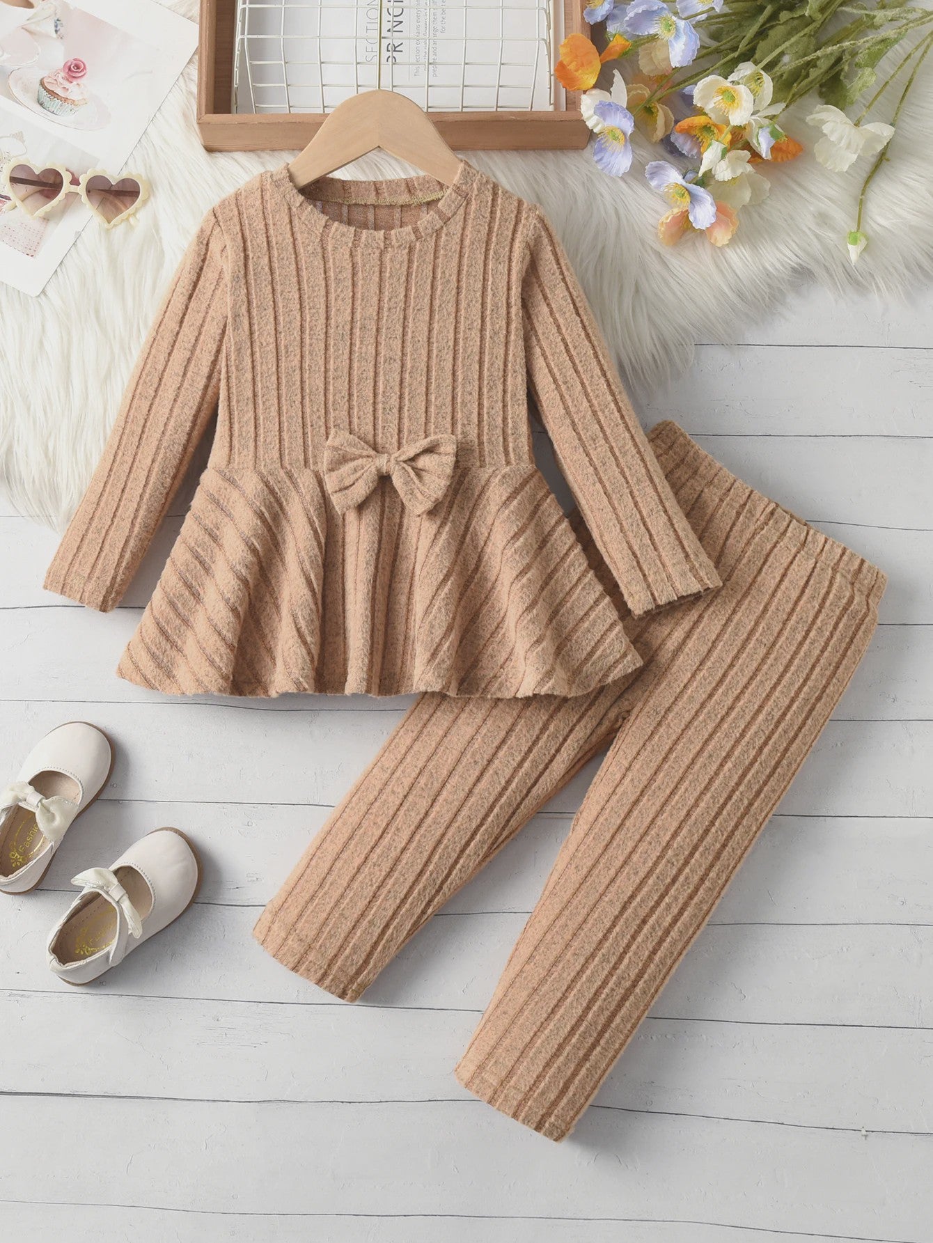 Schattig Kinder Meisjes Set: Lange Mouw Top met Strik en Broek