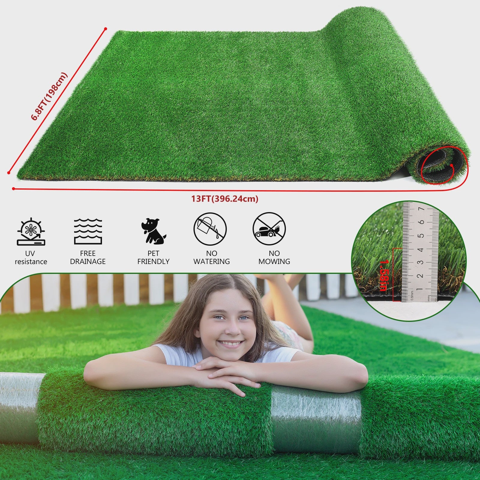 Kunstgras 2x2m, 2x3m, 2x4m - UV-bestendig, Zacht & Realistisch Gazon voor Tuin & Terras