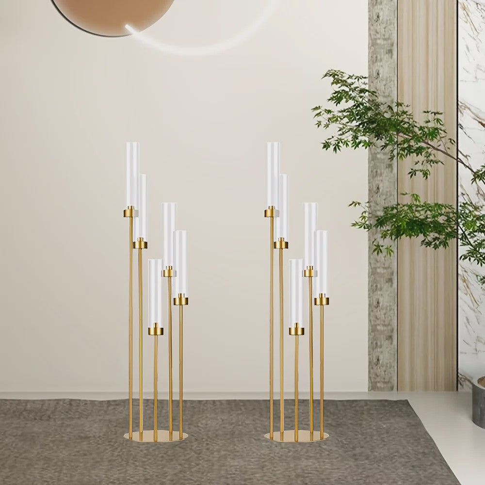 Gouden 5-armige Kandelaar met Glazen Kap - Stijlvolle Vloerstandaard voor Feesten en Decoratie