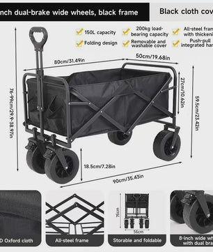 Opvouwbare Kampeerkar met Verstelbare Handgreep - 150L Grote Capaciteit, All-Terrain Wielen voor Strand, Tuin & Buiten