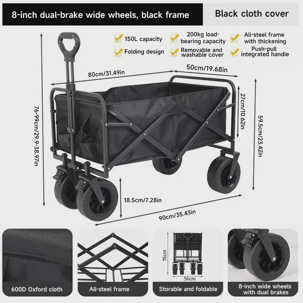 Opvouwbare Kampeerkar met Verstelbare Handgreep - 150L Grote Capaciteit, All-Terrain Wielen voor Strand, Tuin & Buiten