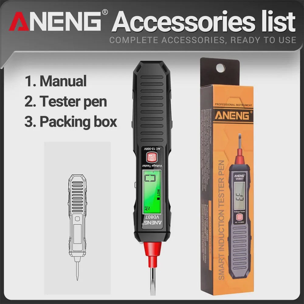 ANENG VD807 Spanningsmeter Pen: 12-300V AC, Contact/Non-Contact Nul/Fase Detector met LED Zaklamp