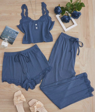 Dames 3-delige Pyjamaset met Kant - Zomer Vest, Shorts & Lange Broek