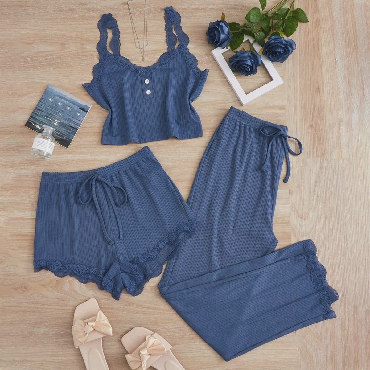 Dames 3-delige Pyjamaset met Kant - Zomer Vest, Shorts & Lange Broek