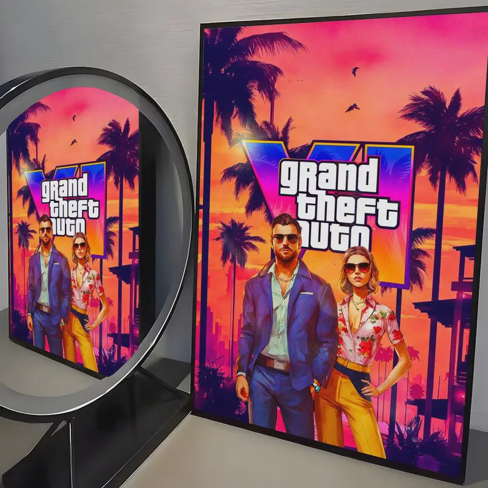 Grand Theft Auto GTA 6 Game Poster - Zelfklevend, Waterdicht & Frameloos
