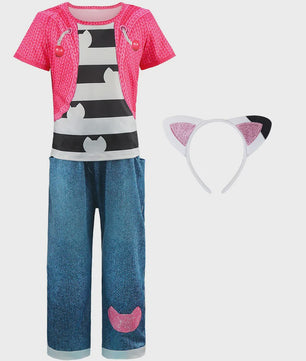 Meisjes Kleding Set: Zwart-Wit Katten T-shirt & Regenboog Tutu Rok met Accessoires