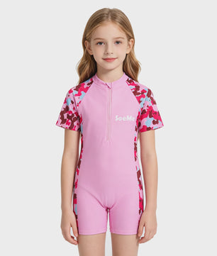 Schattig Roze Kinder Zwempak met Korte Mouwen - 1-delig Strand & Zwembad Outfit