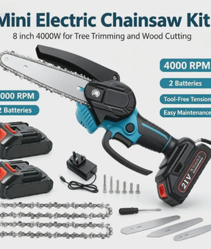 Draadloze Mini Kettingzaag 8 Inch - 4000W Krachtig, Inclusief 2 Accu's & Kettingen