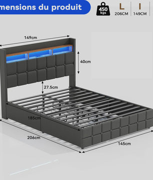 Luxe Gestoffeerd 2-Persoons Bed 140x190cm met PU Hoofdbord, LED Verlichting, USB & Opbergruimte