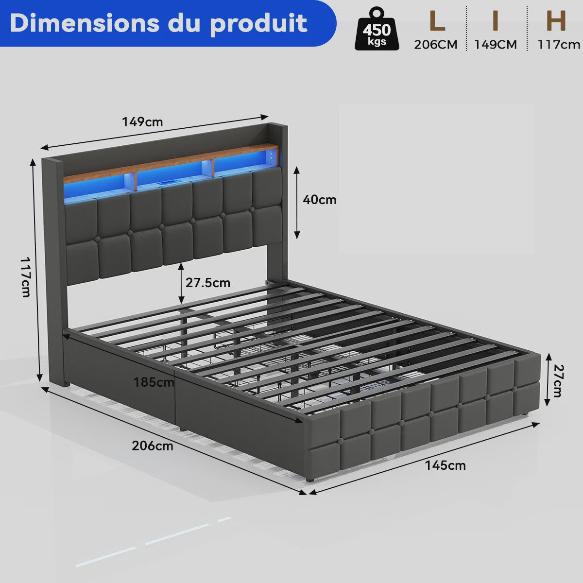 Luxe Gestoffeerd 2-Persoons Bed 140x190cm met PU Hoofdbord, LED Verlichting, USB & Opbergruimte